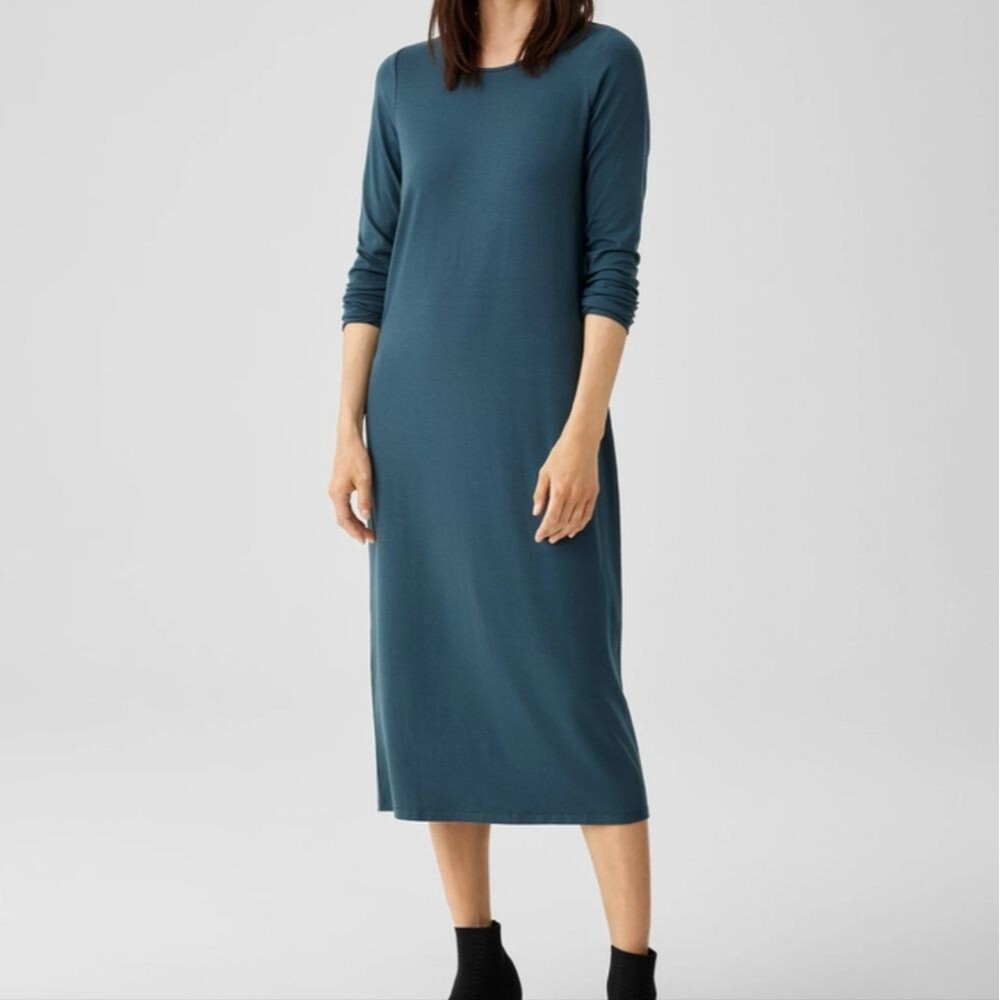 Eileen Fisher Alpine Stretch Jersey Knit Jewel Neck Slim Midi Dress Size XXS